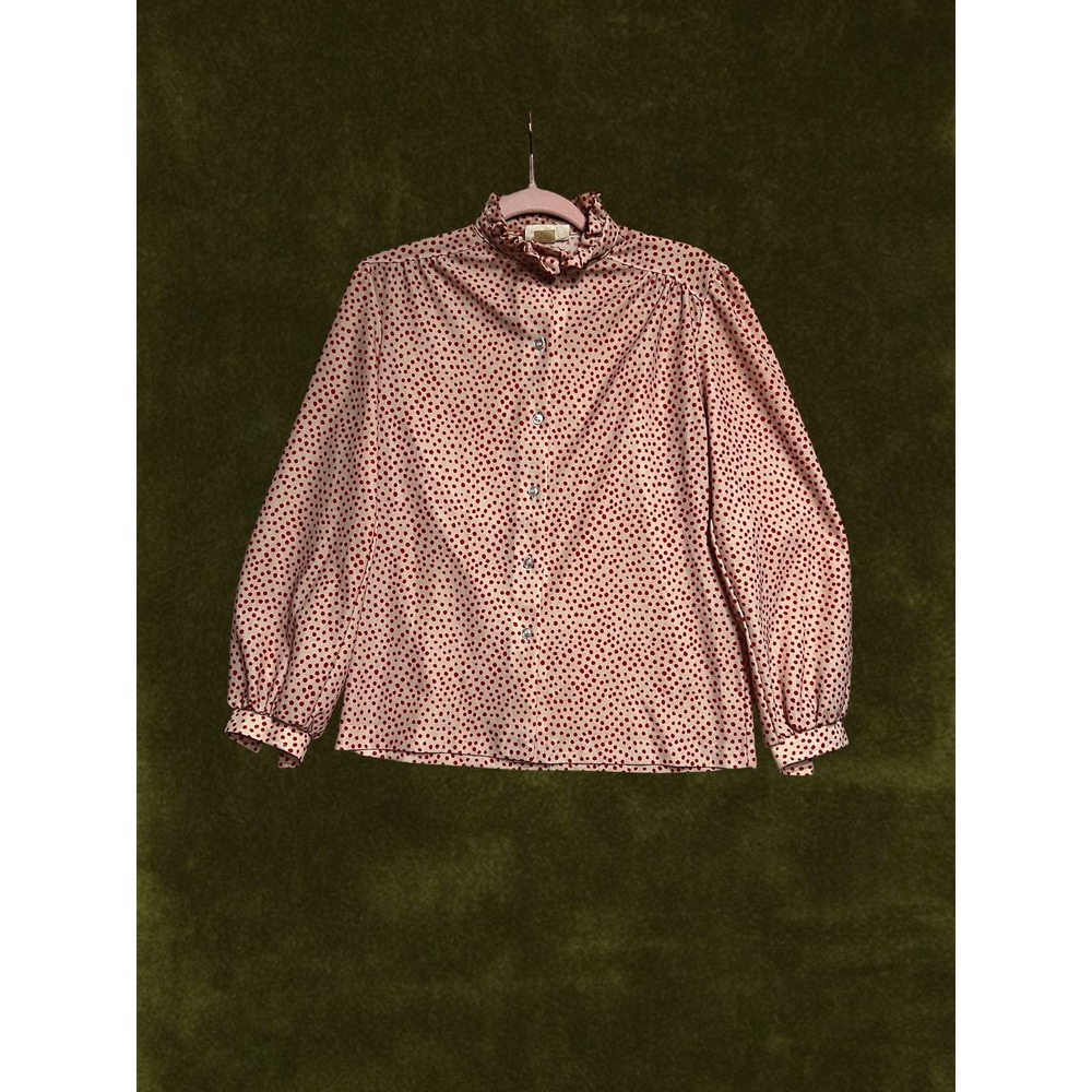 VTG 70s Fire Islander Polka Dot Ruffle Neck Blouse Red Cream USA Made Size 10